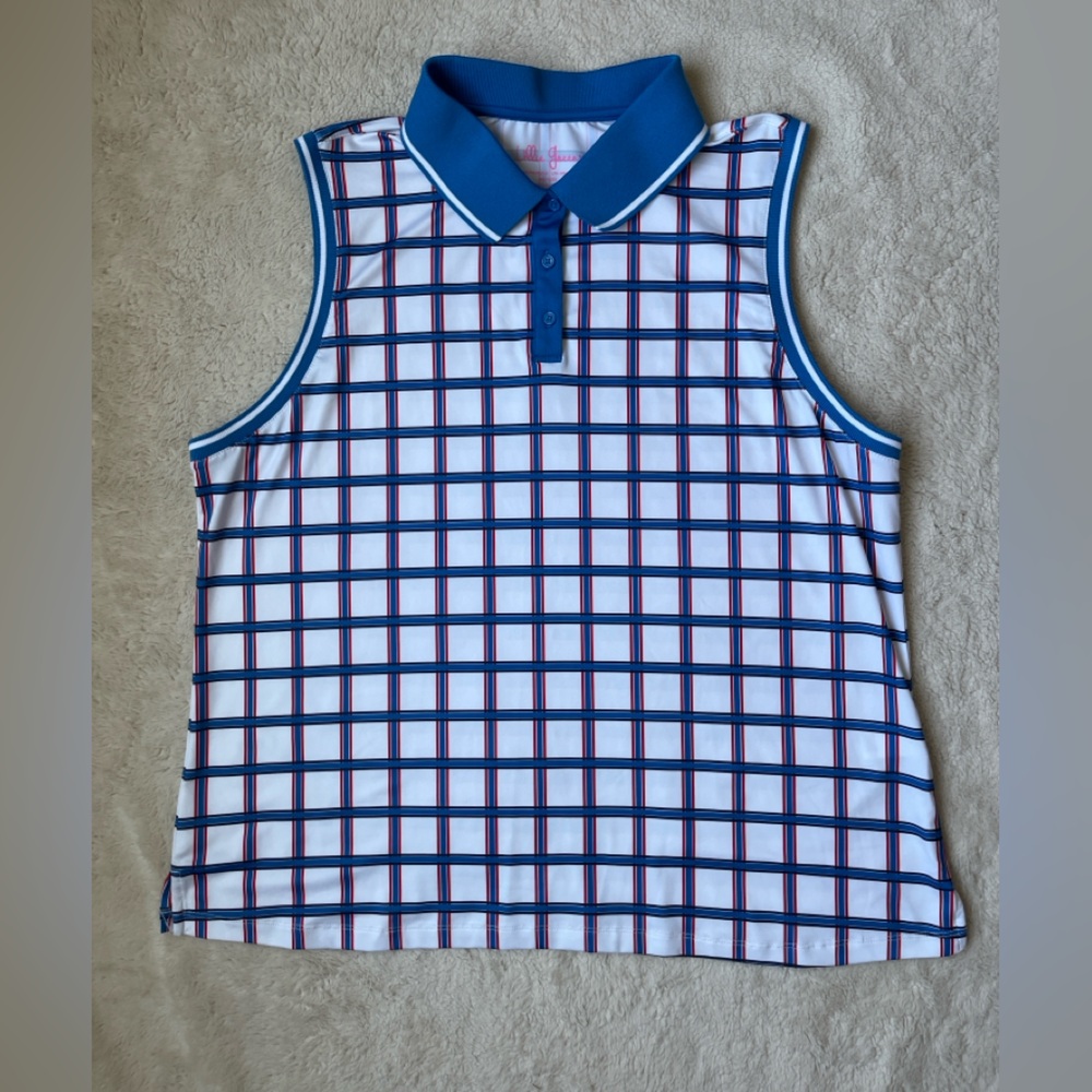 Lilly Green by Lilly Pulitzer White with Blue and Red Golf Polo Tank Shirt XL